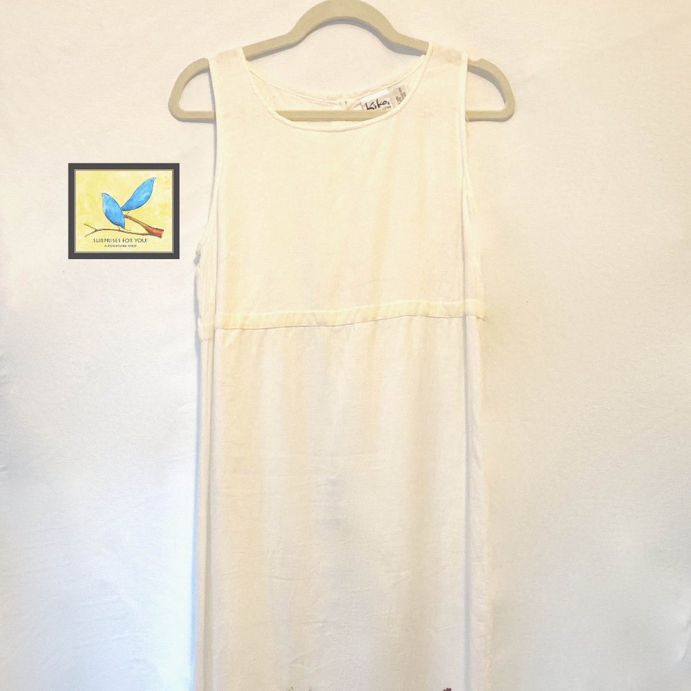 FRESH white linen summer dress by KIKO w floral embroidery last two feet of maxi
